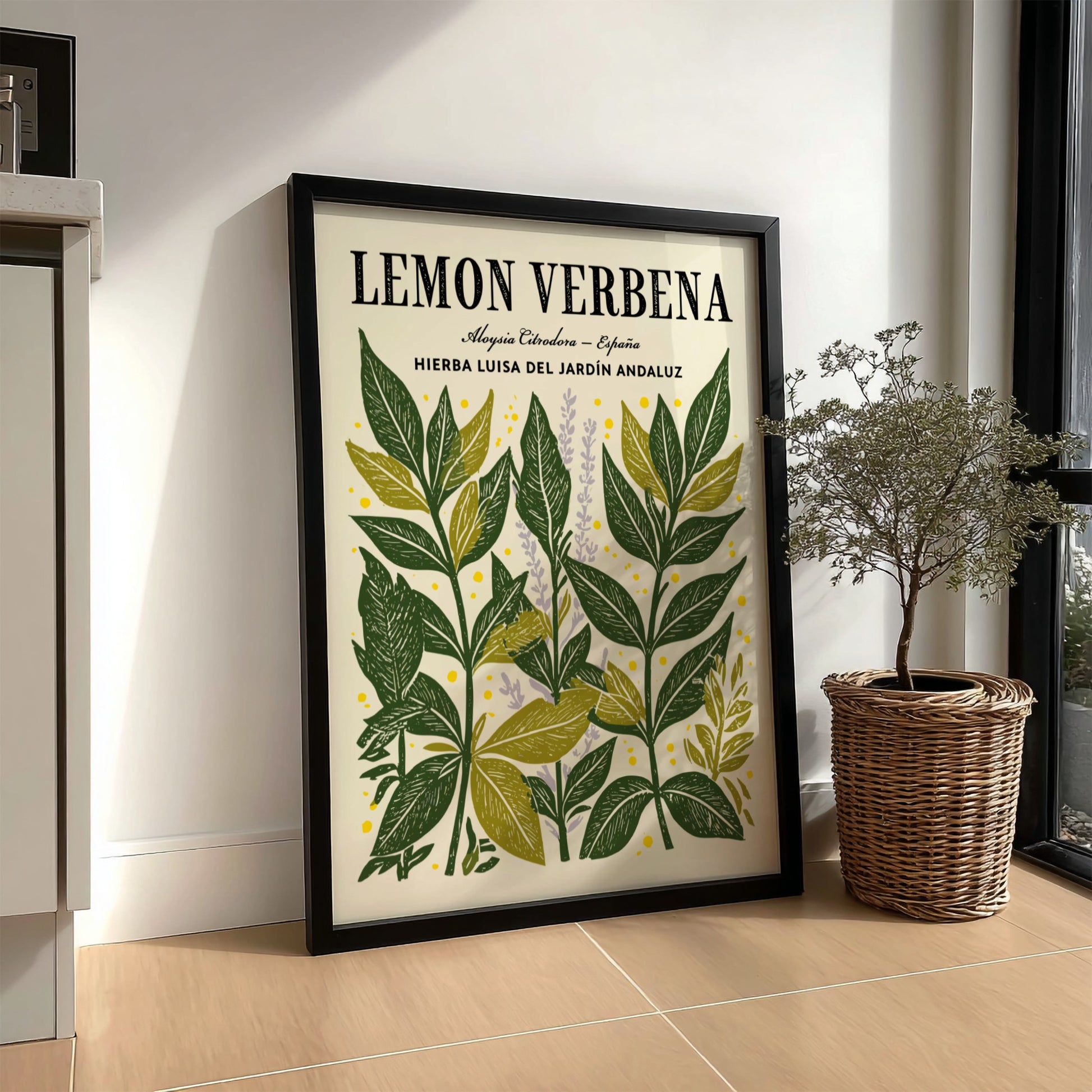 Kitchen poster featuring lemon verbena leaves in green and yellow tones, botanical style, perfect for home