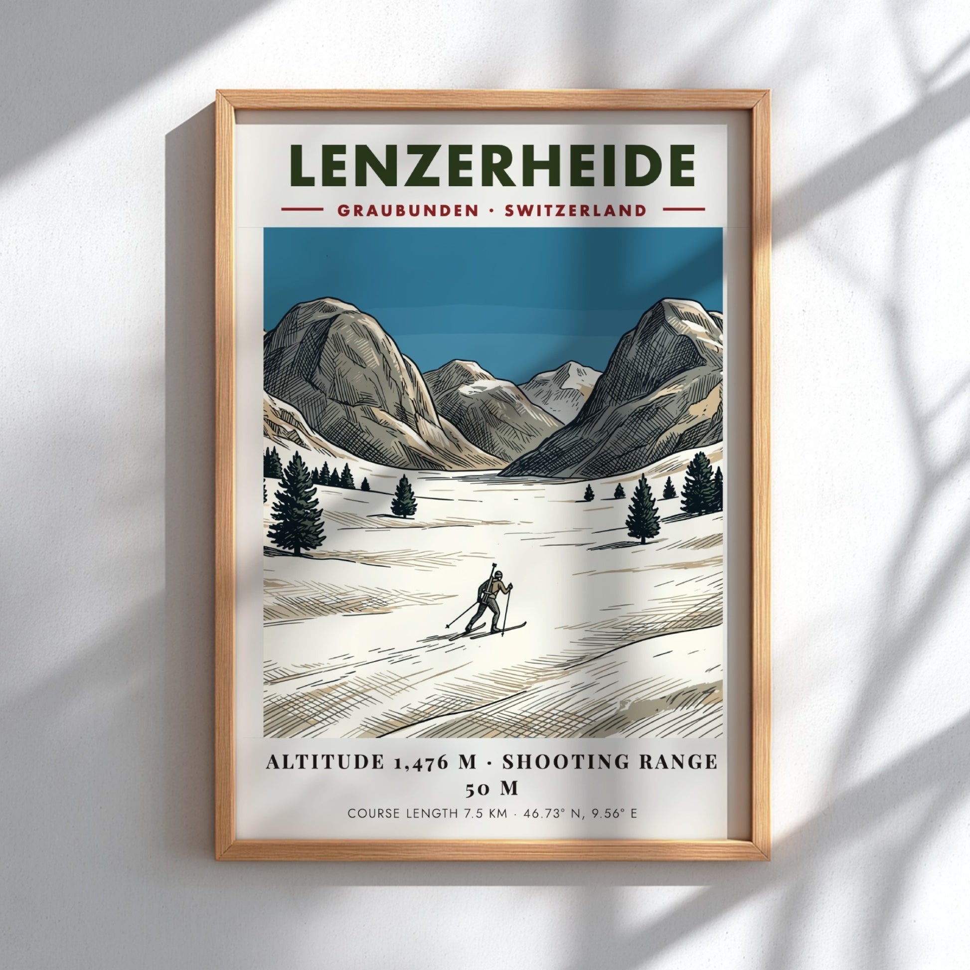 Poster of a biathlon athlete skiing through a snowy Lenzerheide landscape in Switzerland