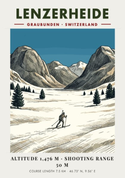 Poster of a biathlon athlete skiing through a snowy Lenzerheide landscape in Switzerland