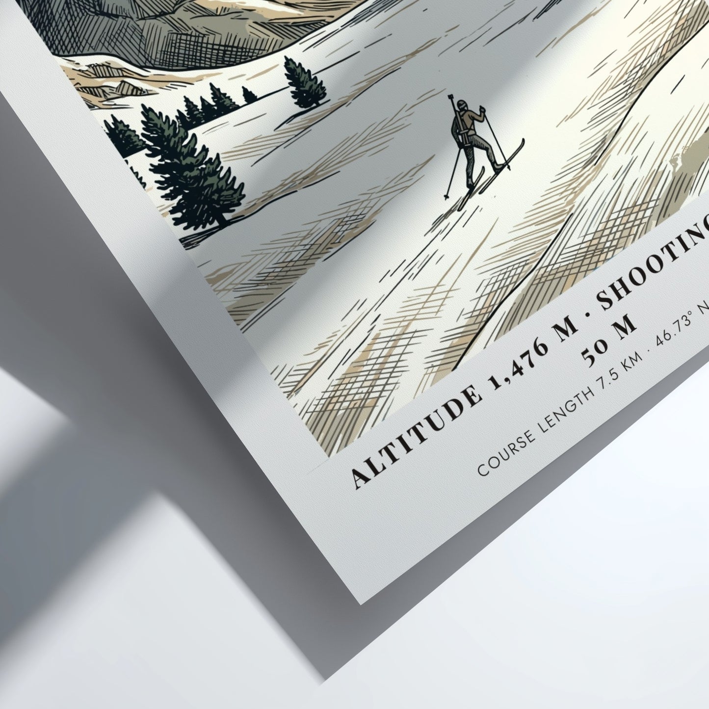 Poster of a biathlon athlete skiing through a snowy Lenzerheide landscape in Switzerland