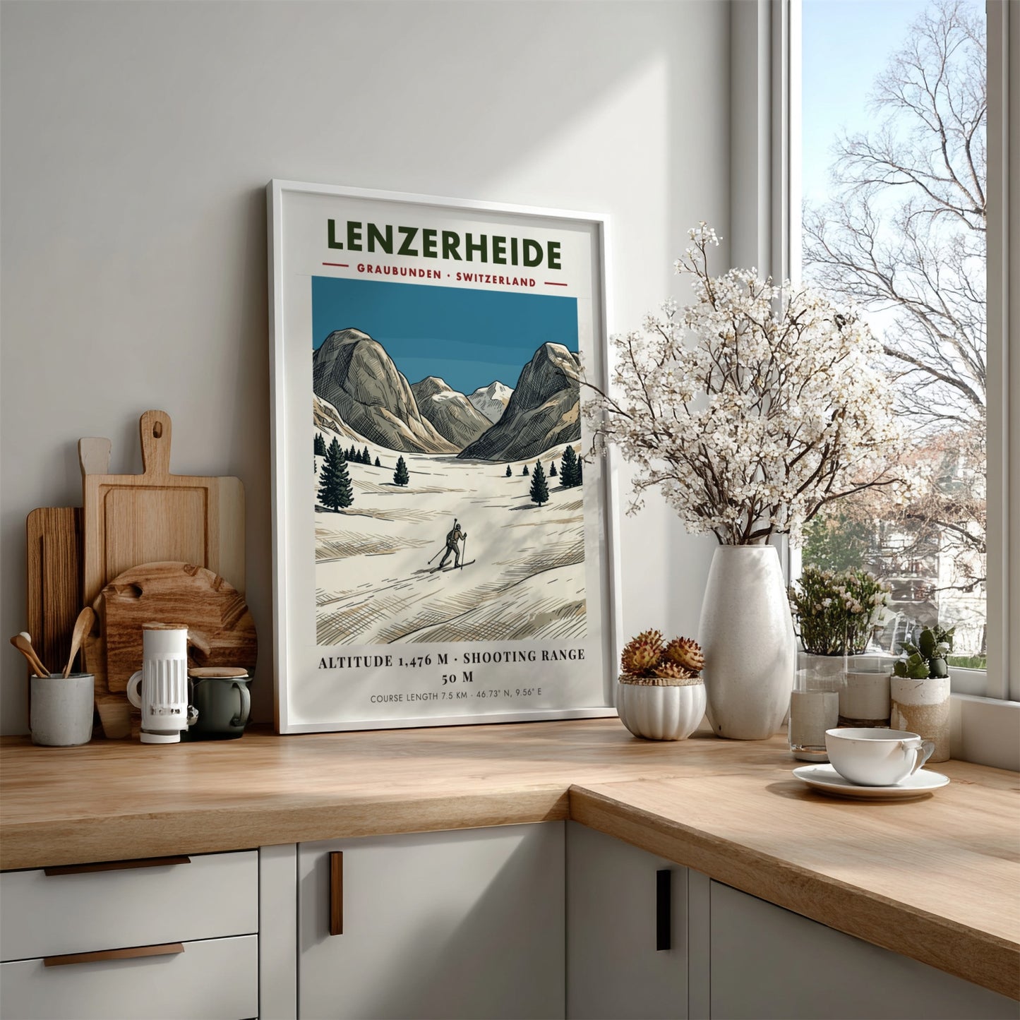 Poster of a biathlon athlete skiing through a snowy Lenzerheide landscape in Switzerland
