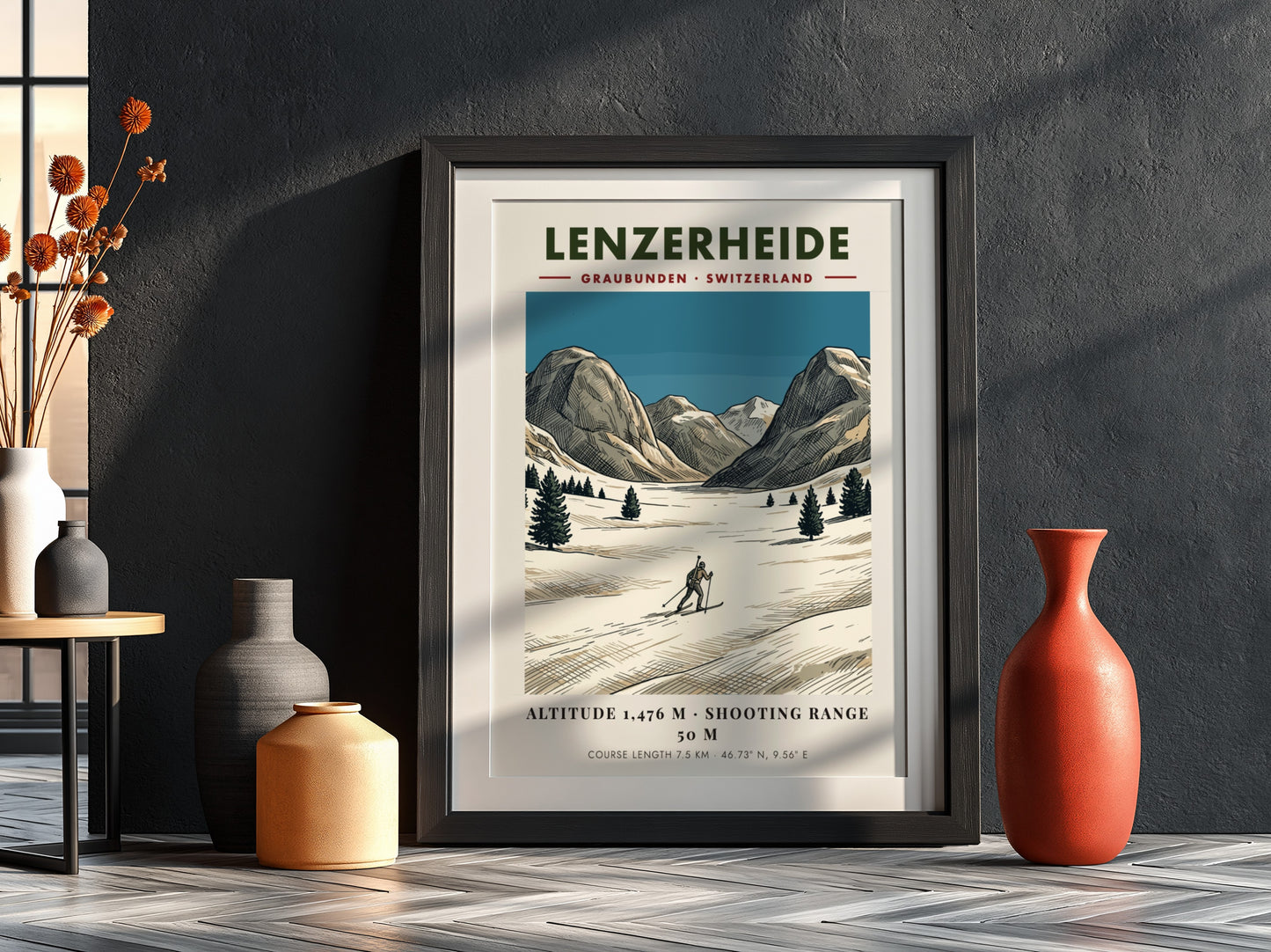 Poster of a biathlon athlete skiing through a snowy Lenzerheide landscape in Switzerland