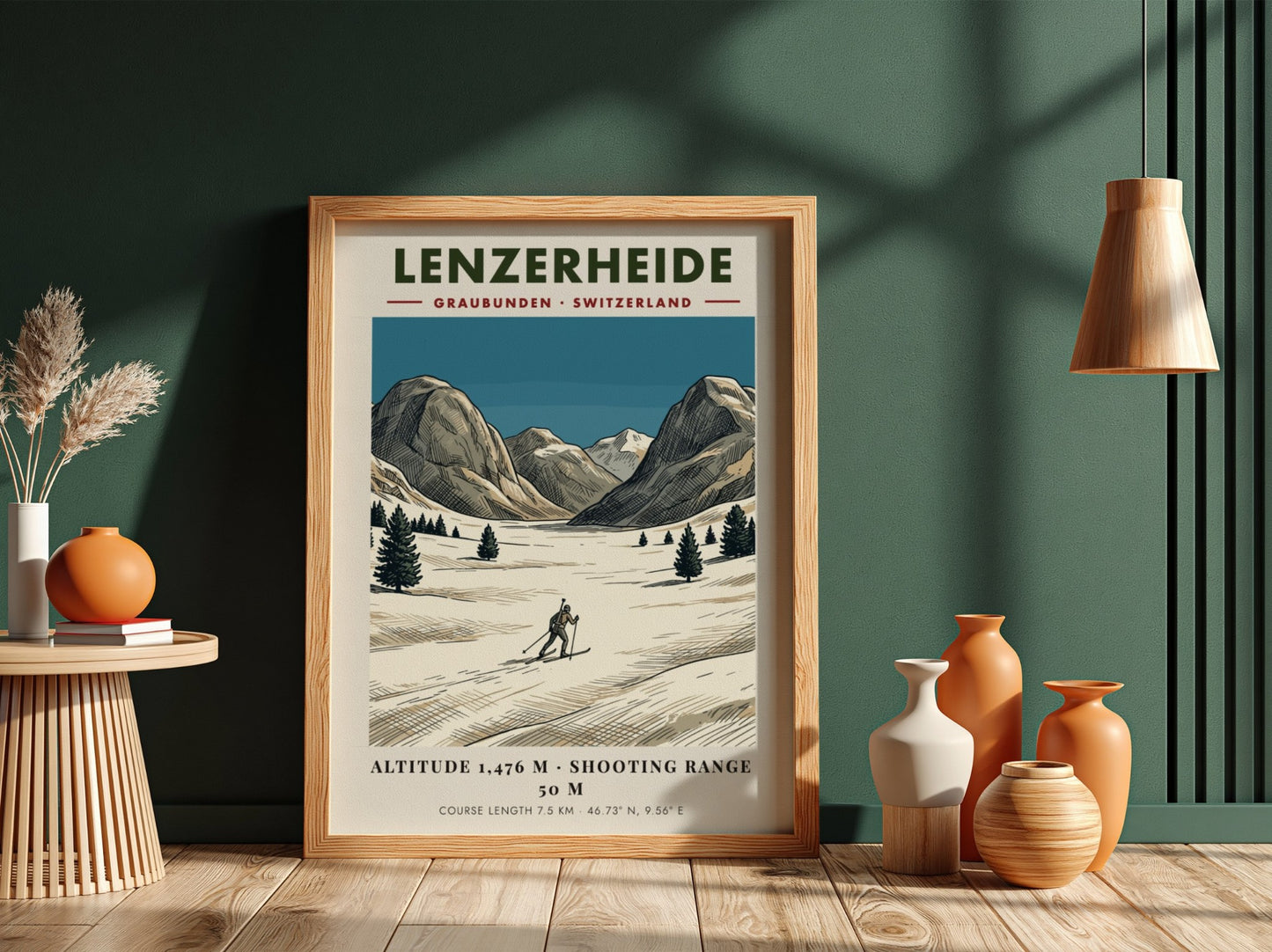 Poster of a biathlon athlete skiing through a snowy Lenzerheide landscape in Switzerland