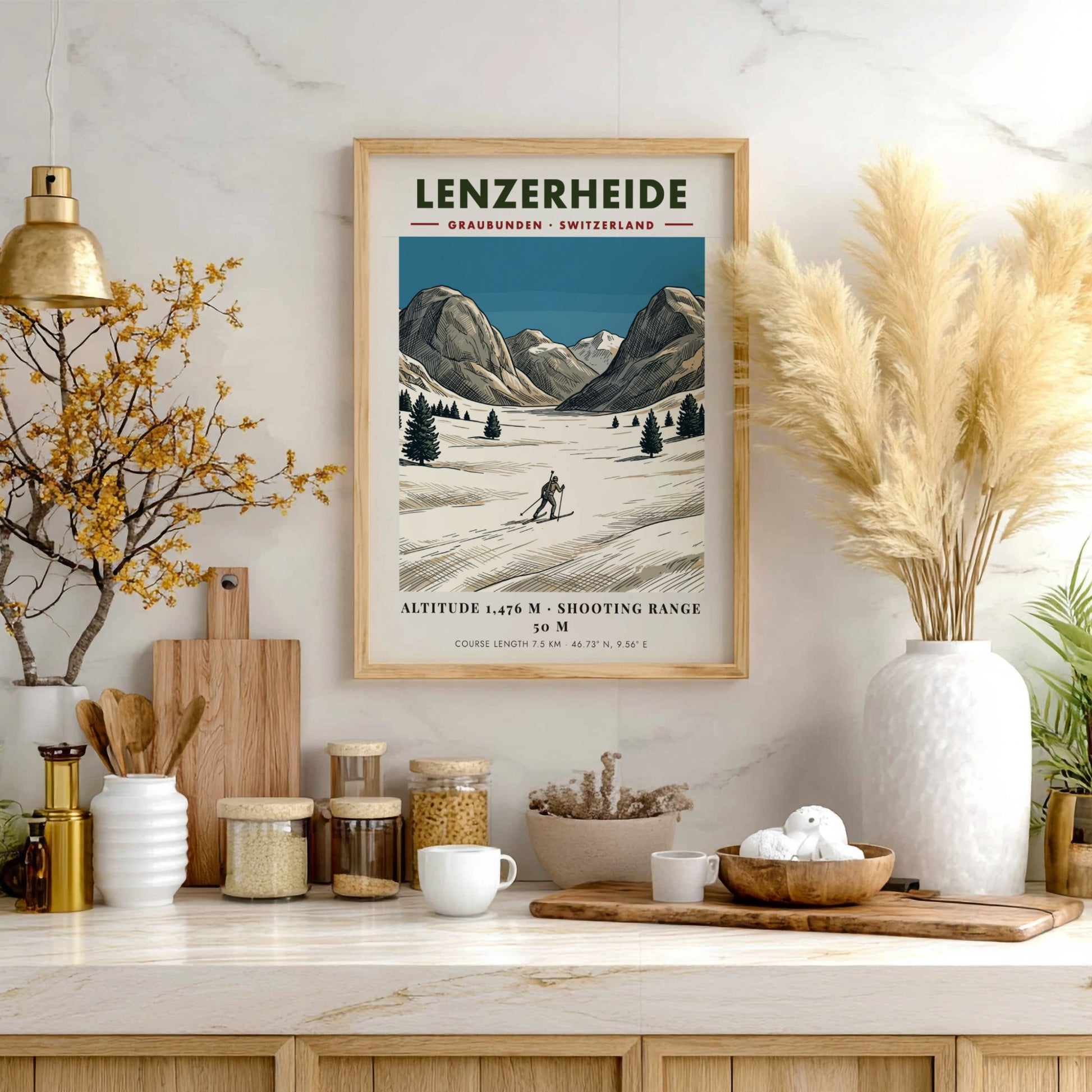 Poster of a biathlon athlete skiing through a snowy Lenzerheide landscape in Switzerland