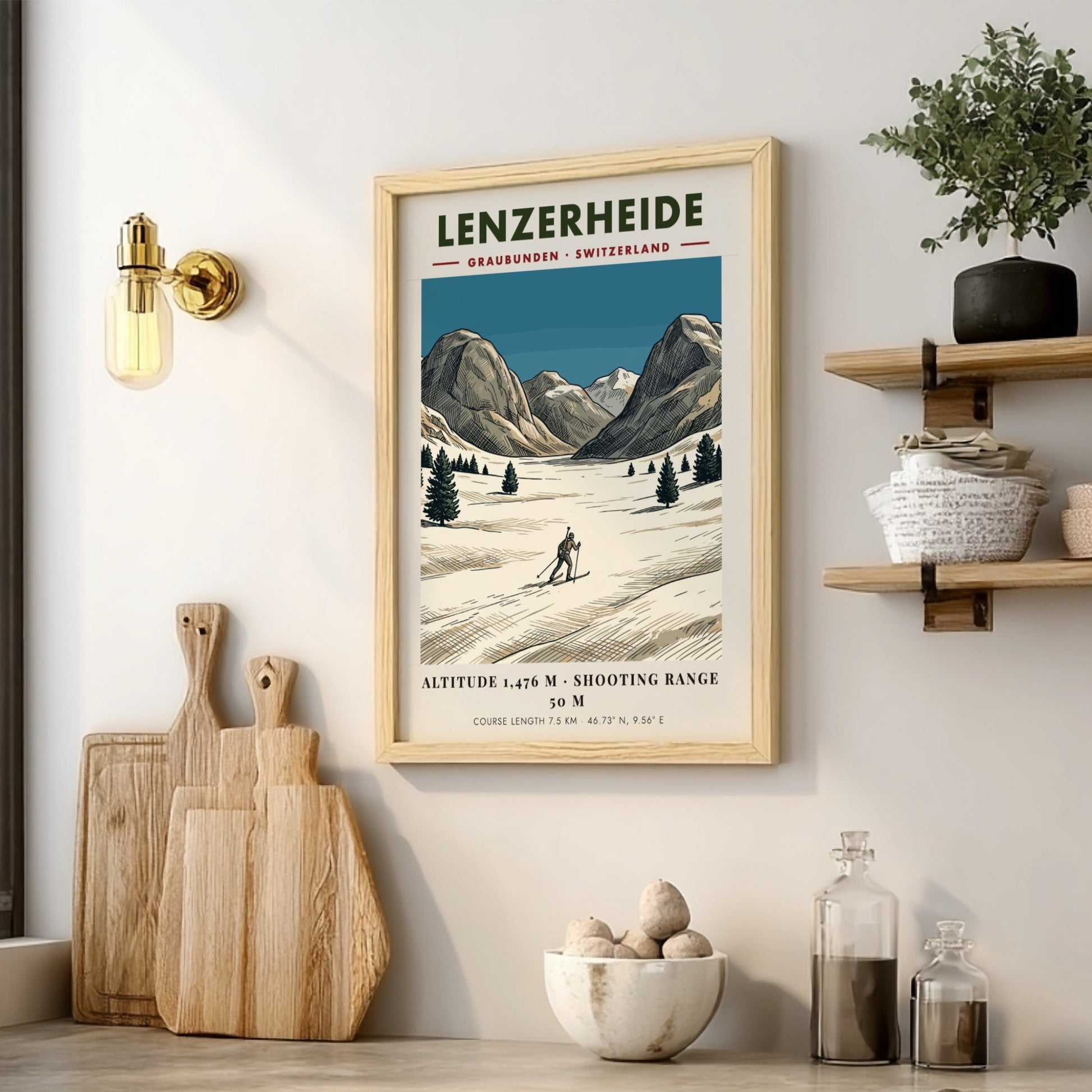 Poster of a biathlon athlete skiing through a snowy Lenzerheide landscape in Switzerland
