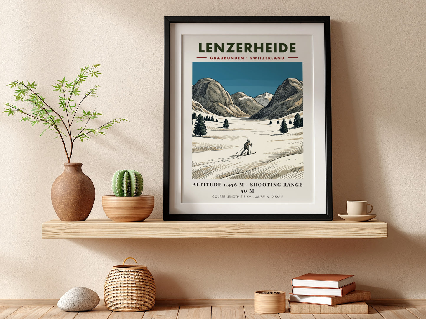 Poster of a biathlon athlete skiing through a snowy Lenzerheide landscape in Switzerland