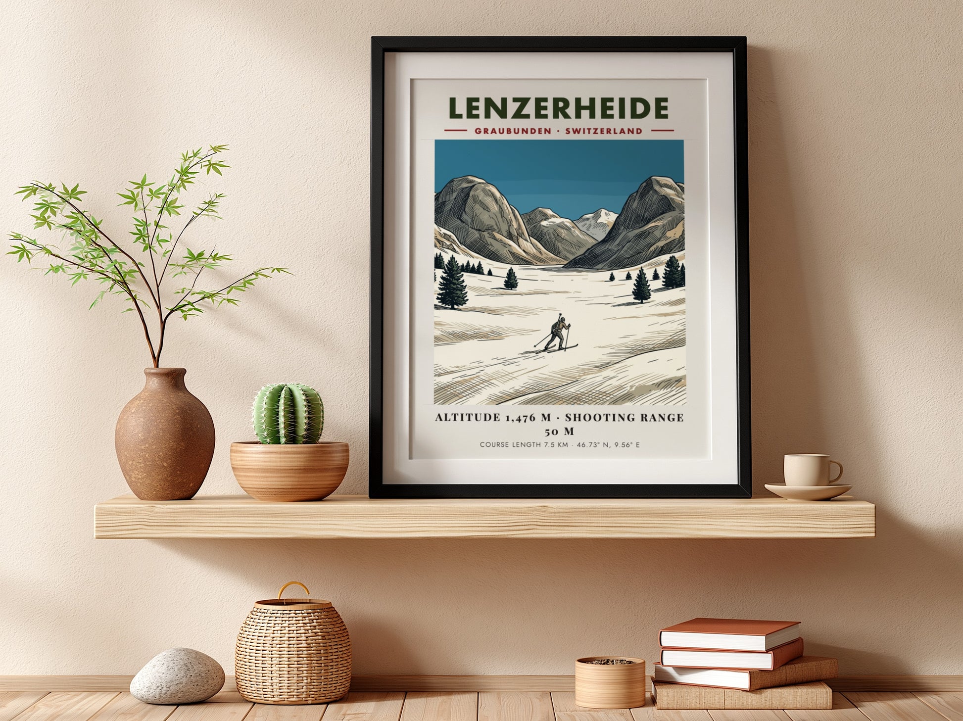 Poster of a biathlon athlete skiing through a snowy Lenzerheide landscape in Switzerland
