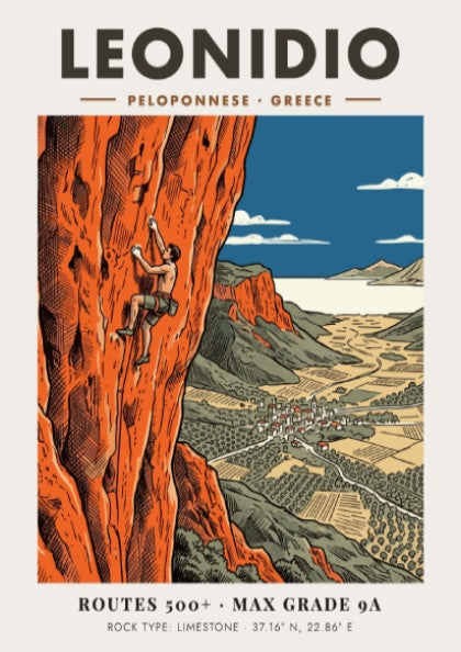 Poster of a climber on orange limestone cliffs overlooking the town of Leonidio