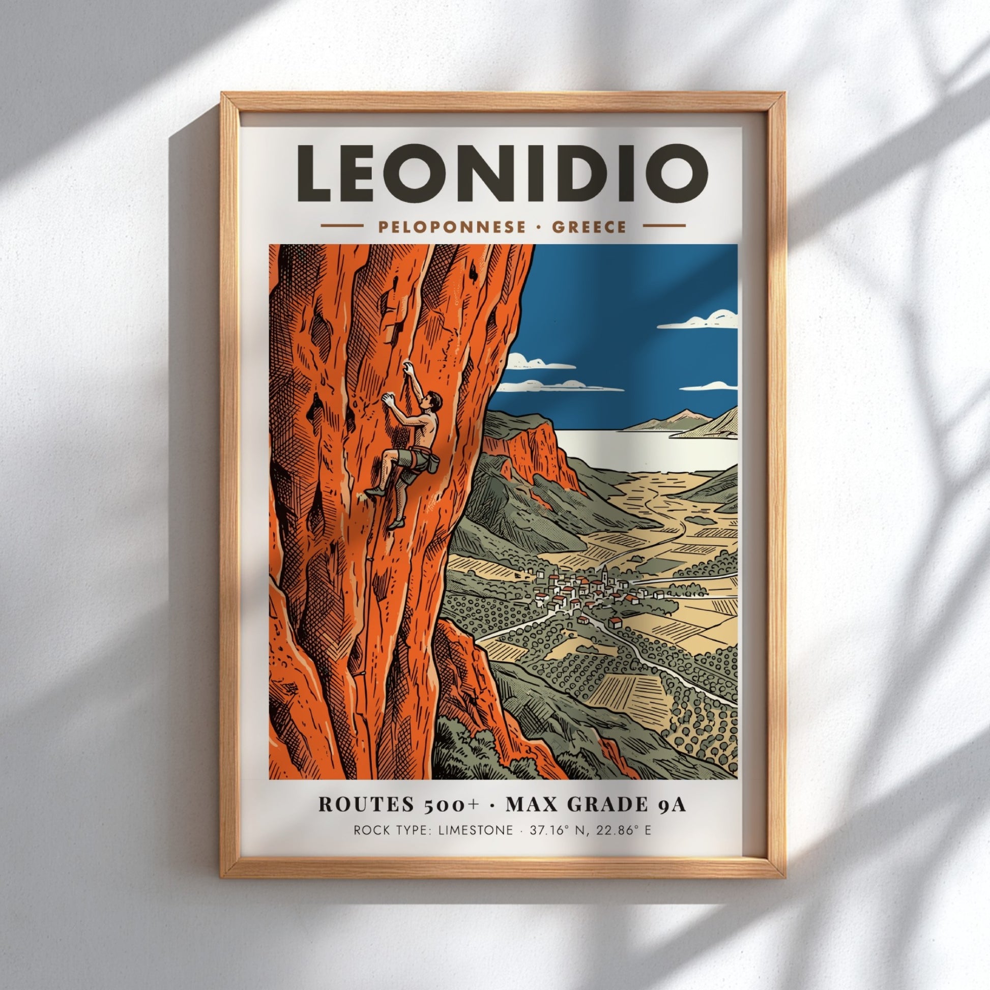 Poster of a climber on orange limestone cliffs overlooking the town of Leonidio