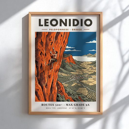 Poster of a climber on orange limestone cliffs overlooking the town of Leonidio