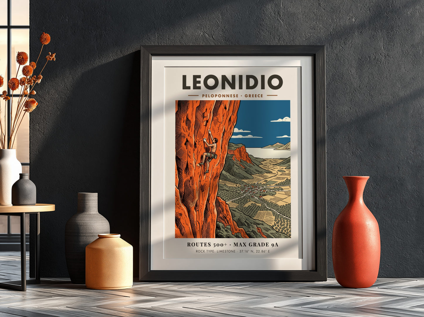 Poster of a climber on orange limestone cliffs overlooking the town of Leonidio