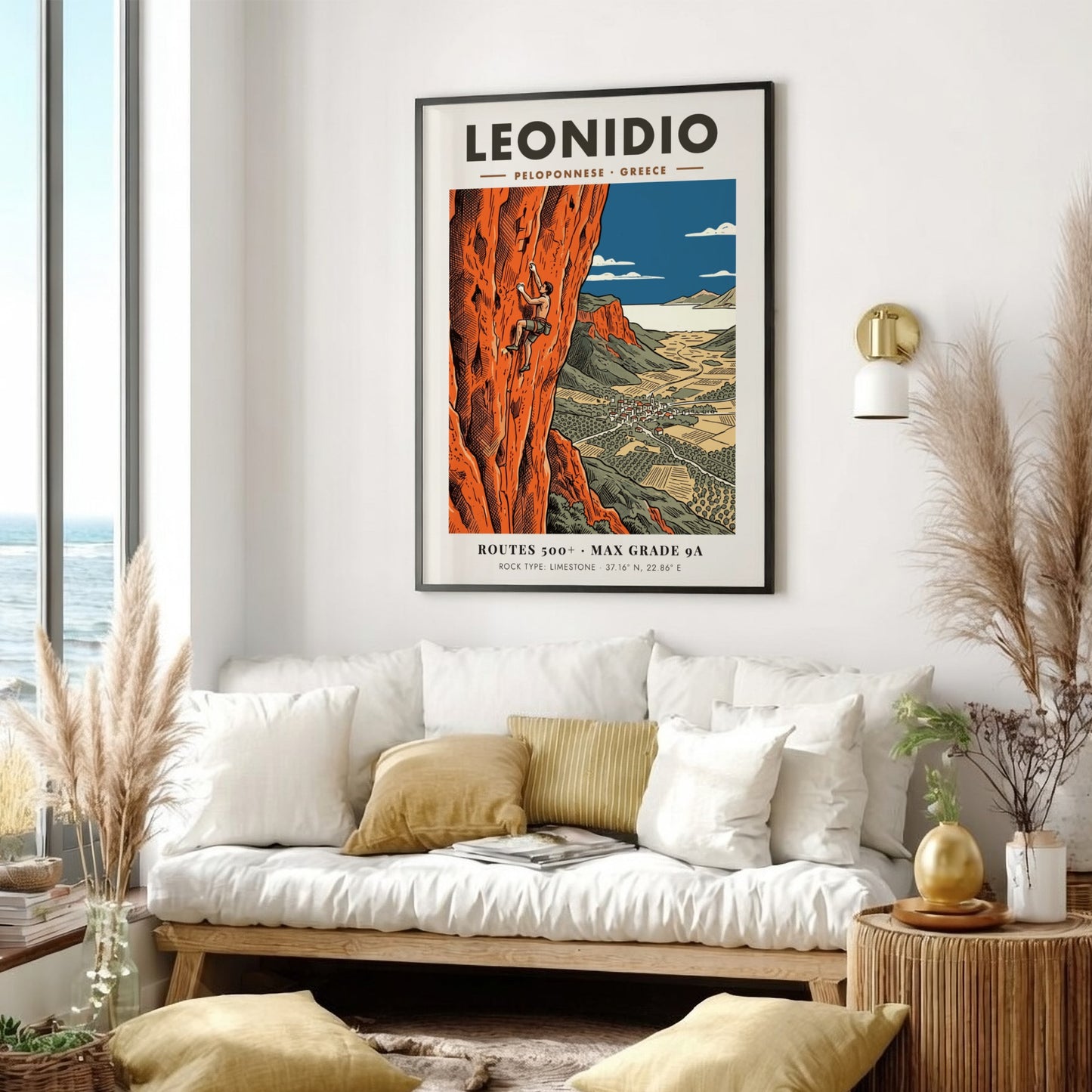Poster of a climber on orange limestone cliffs overlooking the town of Leonidio