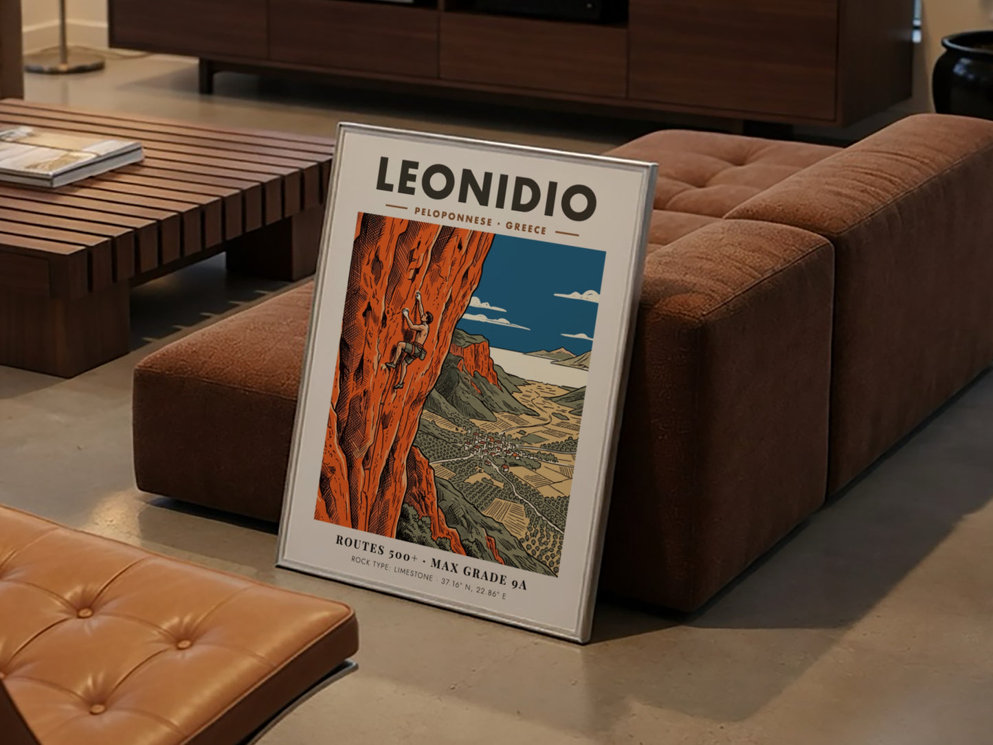 Poster of a climber on orange limestone cliffs overlooking the town of Leonidio