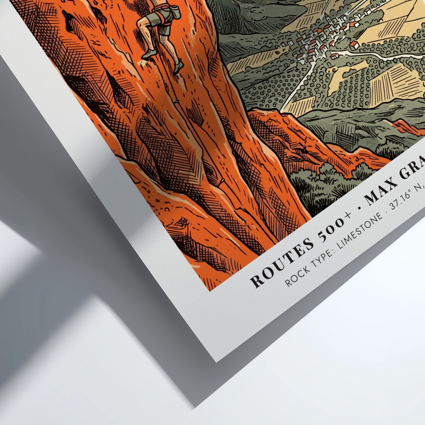 Poster of a climber on orange limestone cliffs overlooking the town of Leonidio