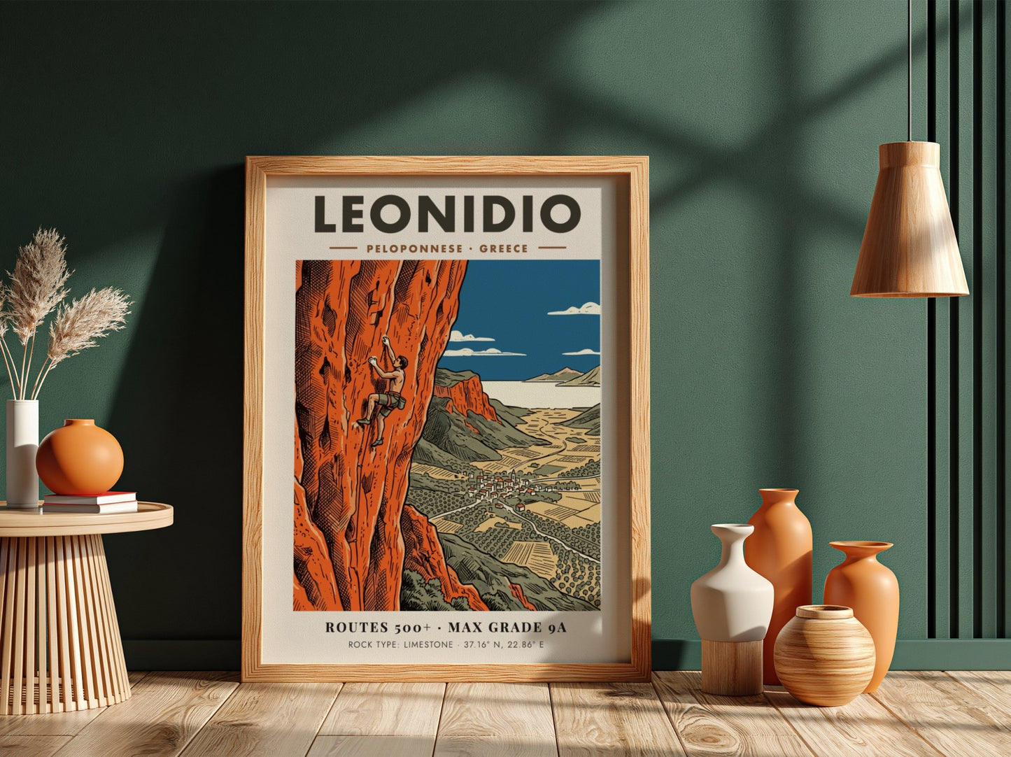 Poster of a climber on orange limestone cliffs overlooking the town of Leonidio