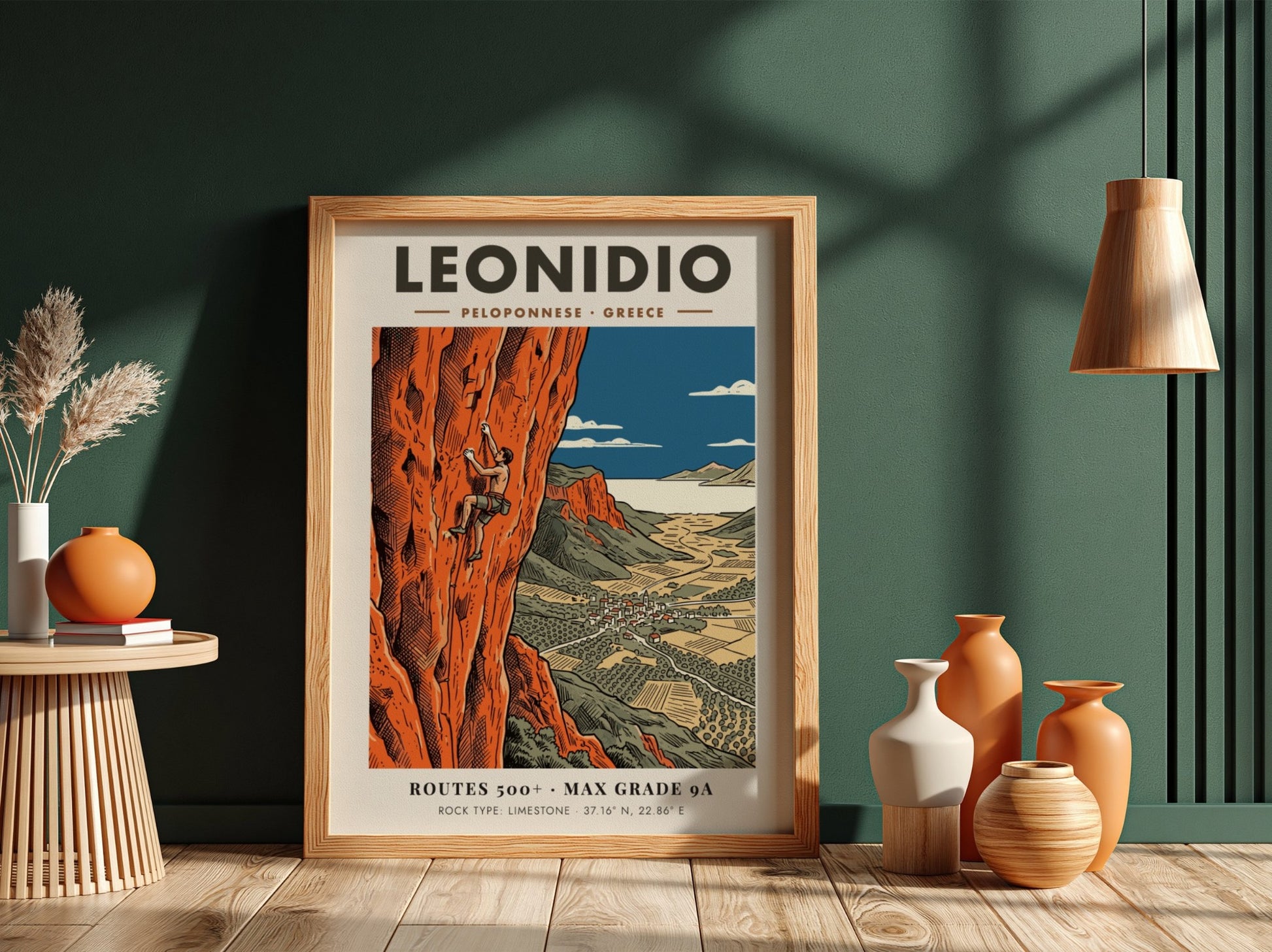 Poster of a climber on orange limestone cliffs overlooking the town of Leonidio