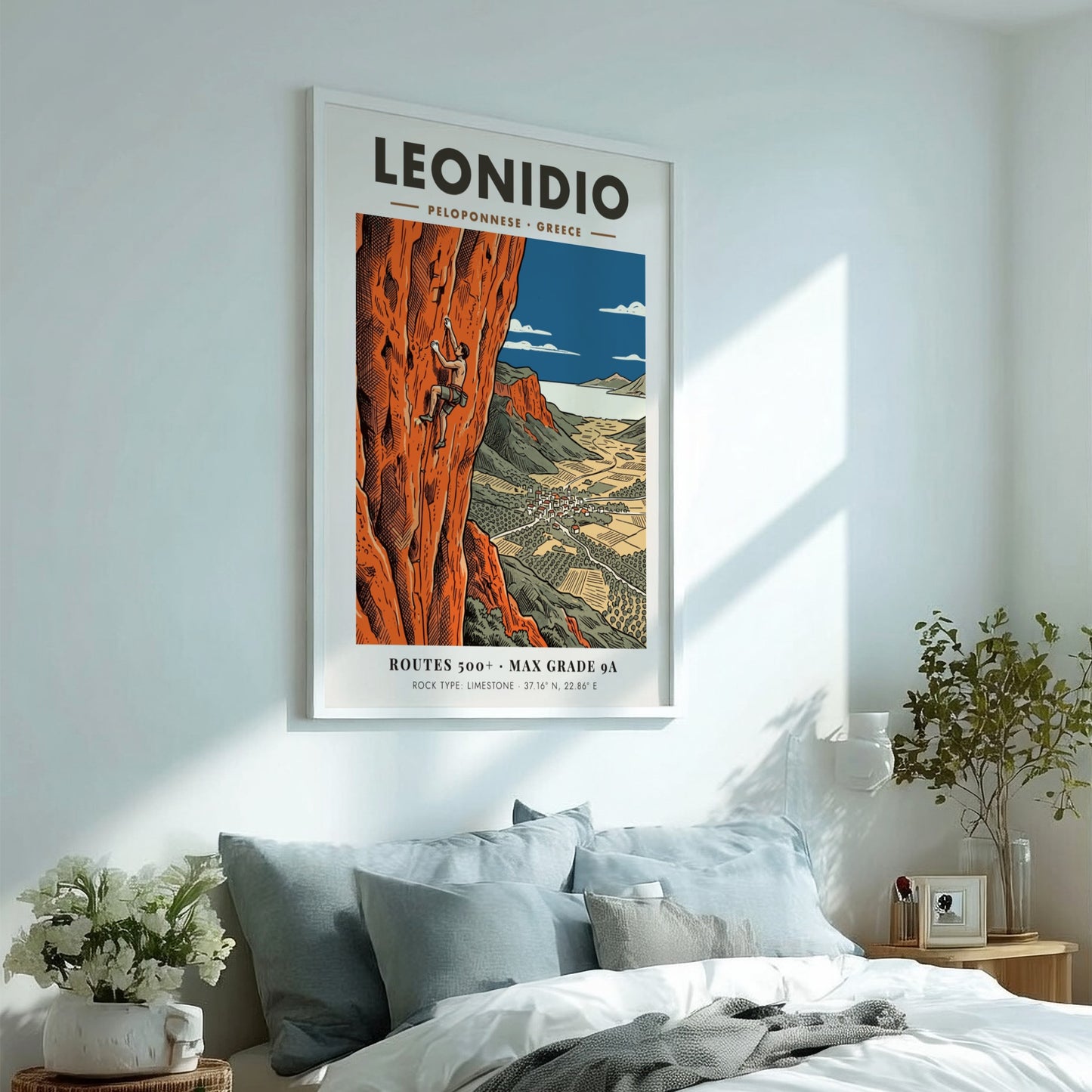 Poster of a climber on orange limestone cliffs overlooking the town of Leonidio