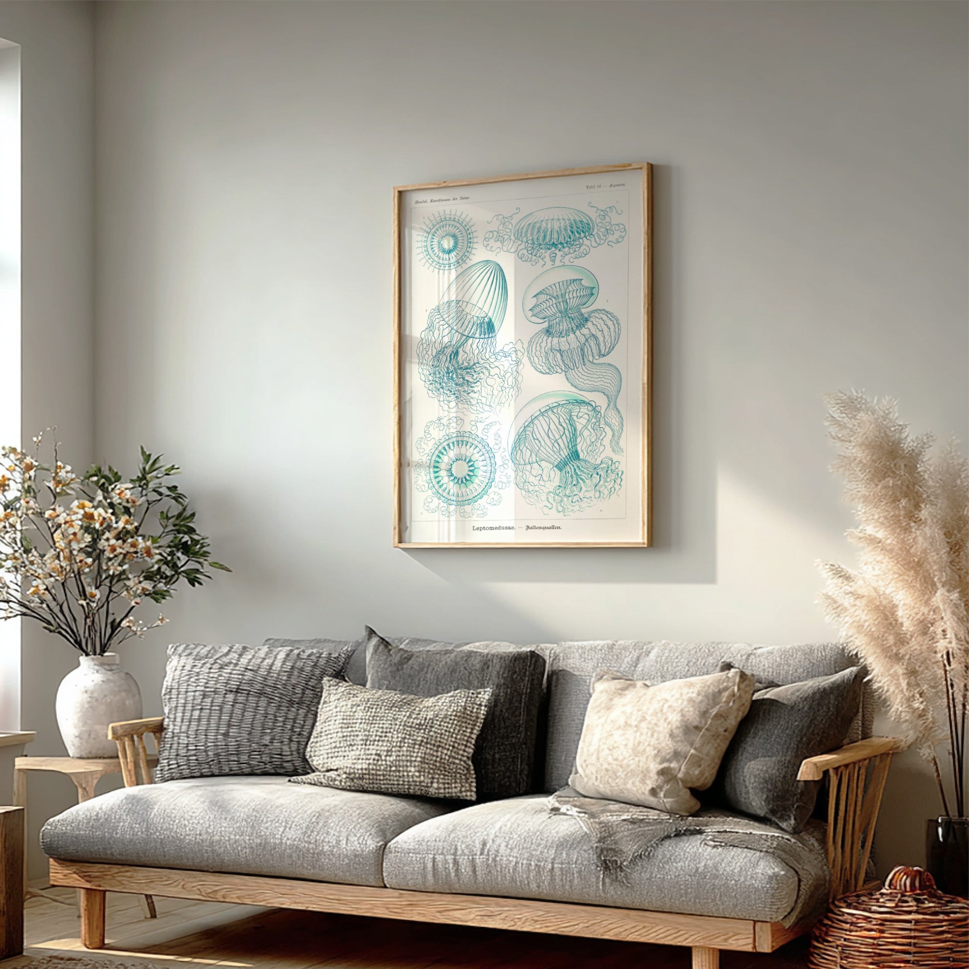 Vintage scientific illustration poster of various jellyfish in teal and white, titled 'Leptomedusae –
