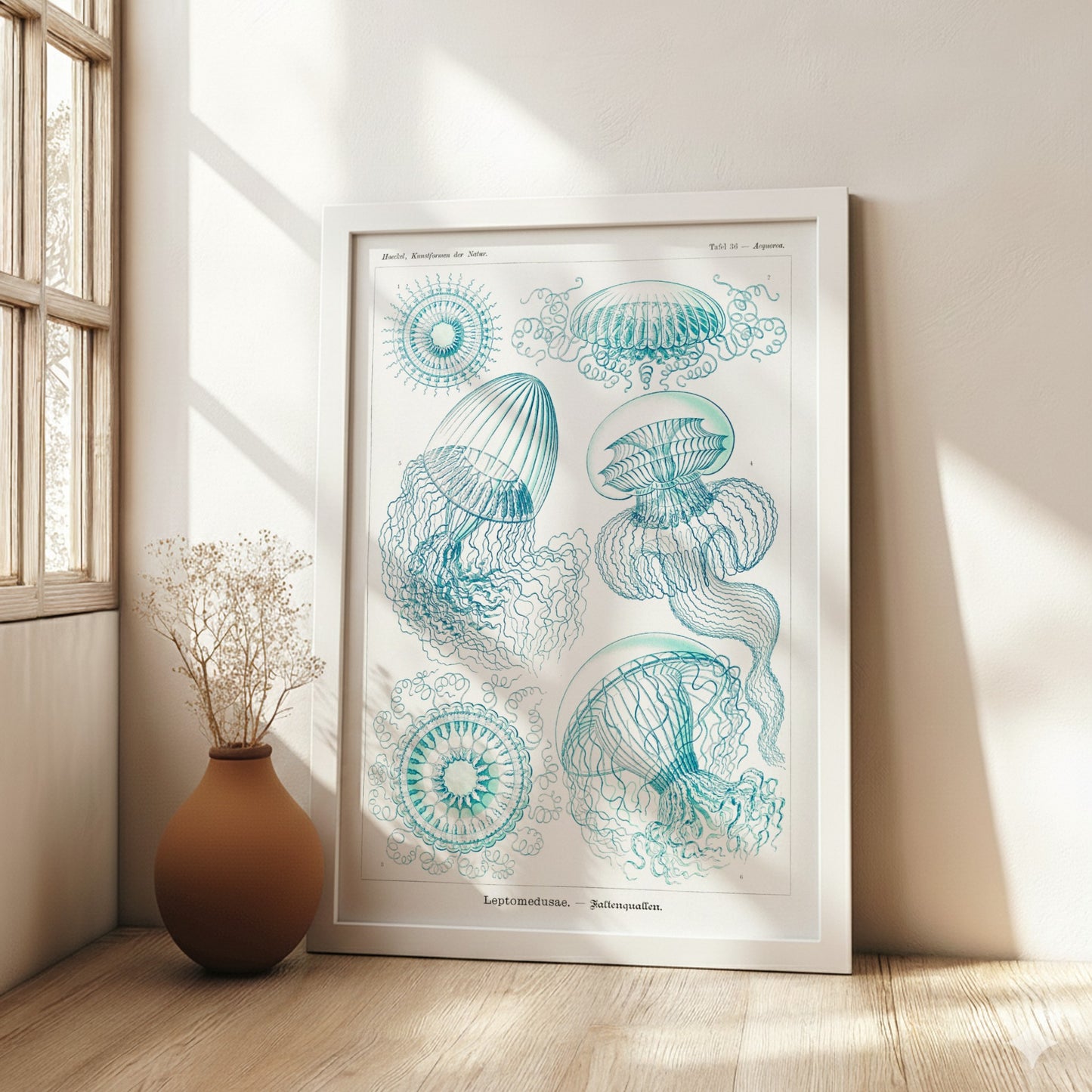Vintage scientific illustration poster of various jellyfish in teal and white, titled 'Leptomedusae –