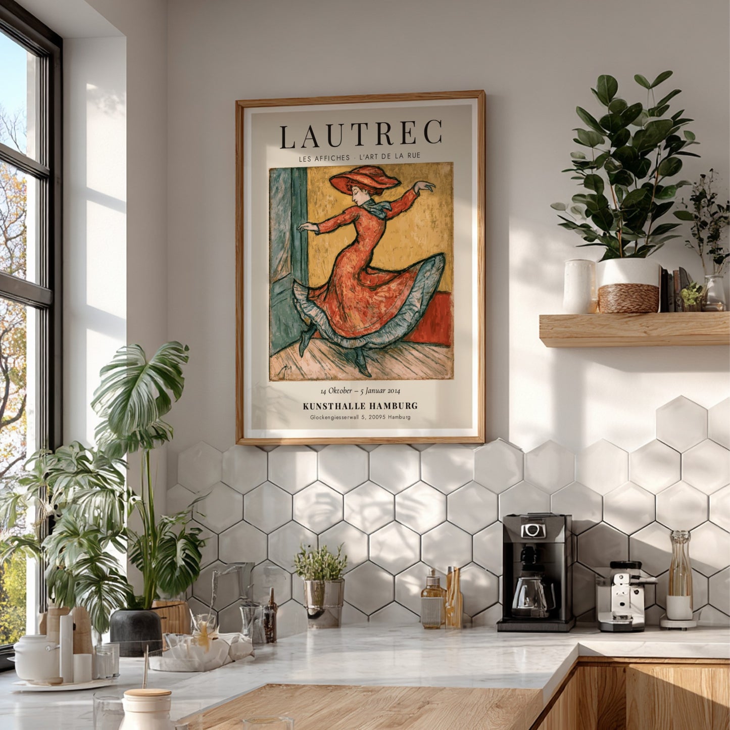 Toulouse-Lautrec poster featuring a dancer in a red dress, vintage style art