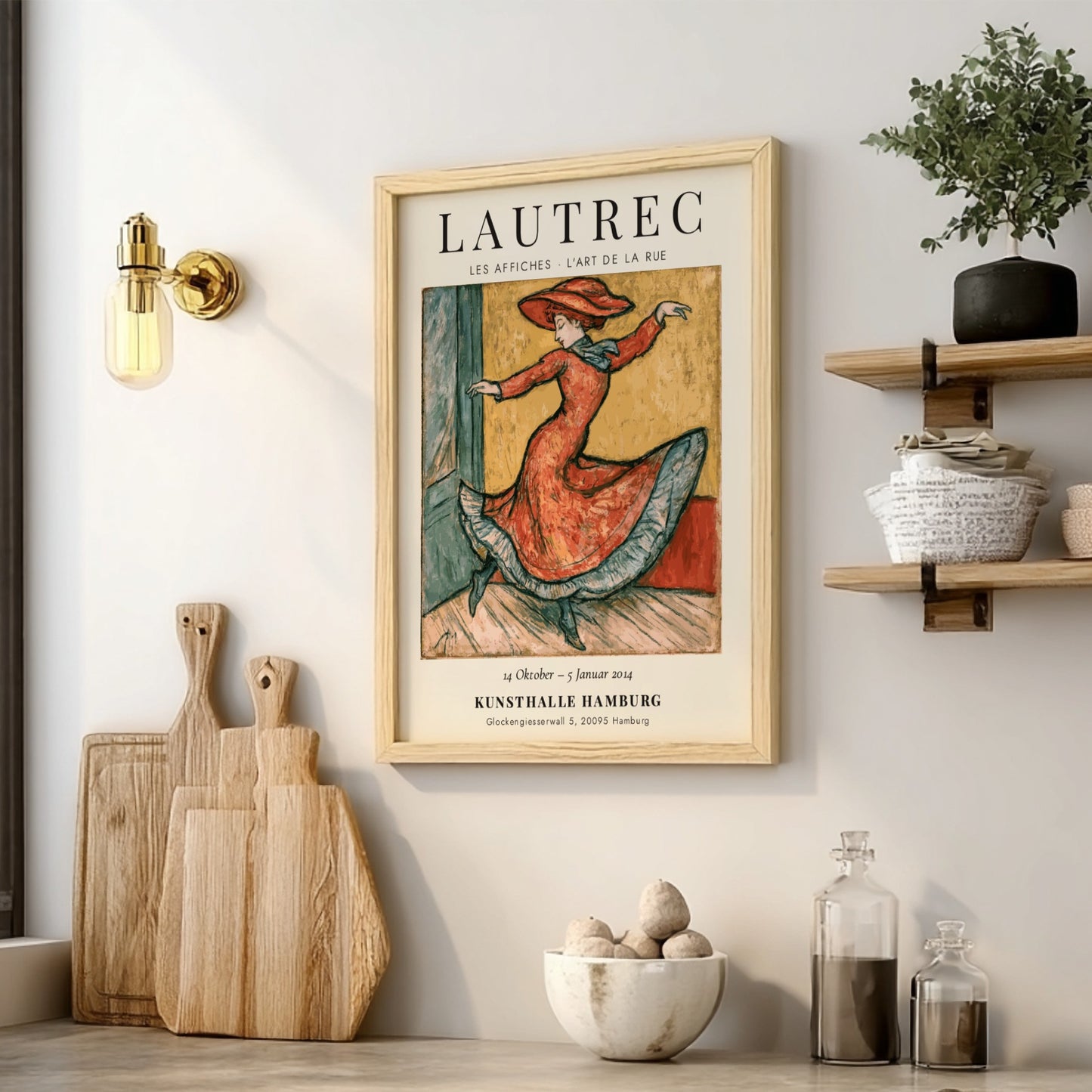 Toulouse-Lautrec poster featuring a dancer in a red dress, vintage style art
