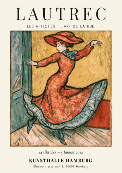 Toulouse-Lautrec poster featuring a dancer in a red dress, vintage style art