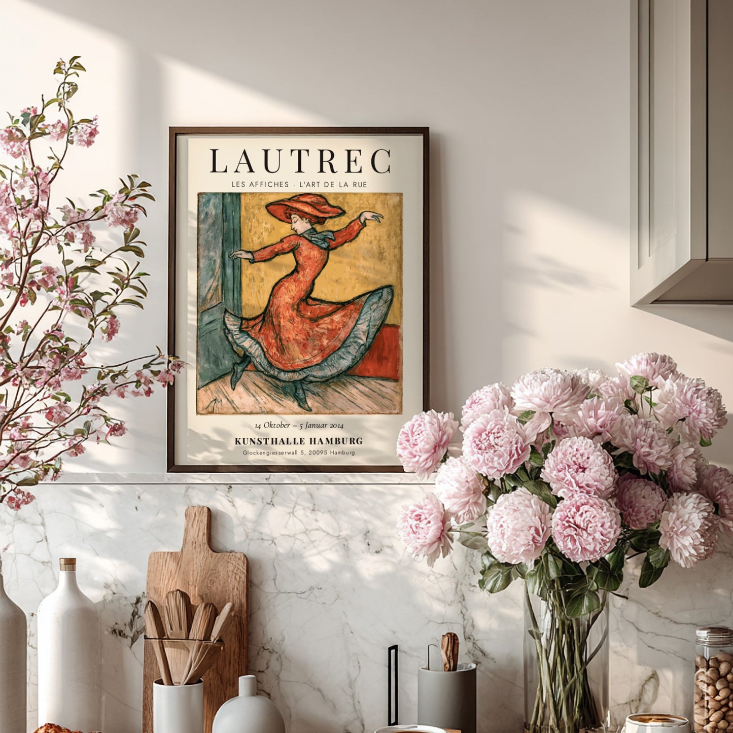 Toulouse-Lautrec poster featuring a dancer in a red dress, vintage style art