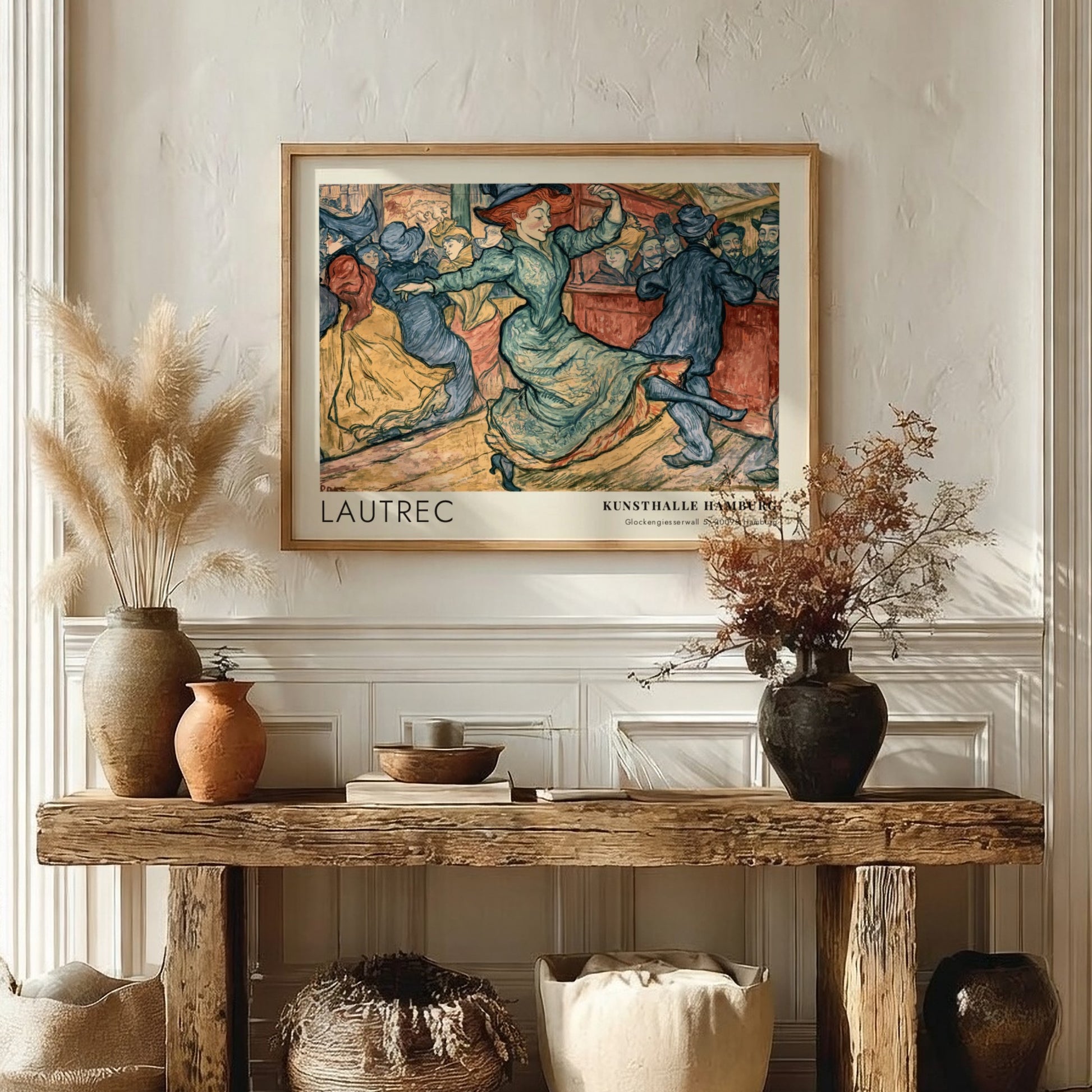 Wall art poster of Toulouse-Lautrec dance scene in blue and ochre exhibition style