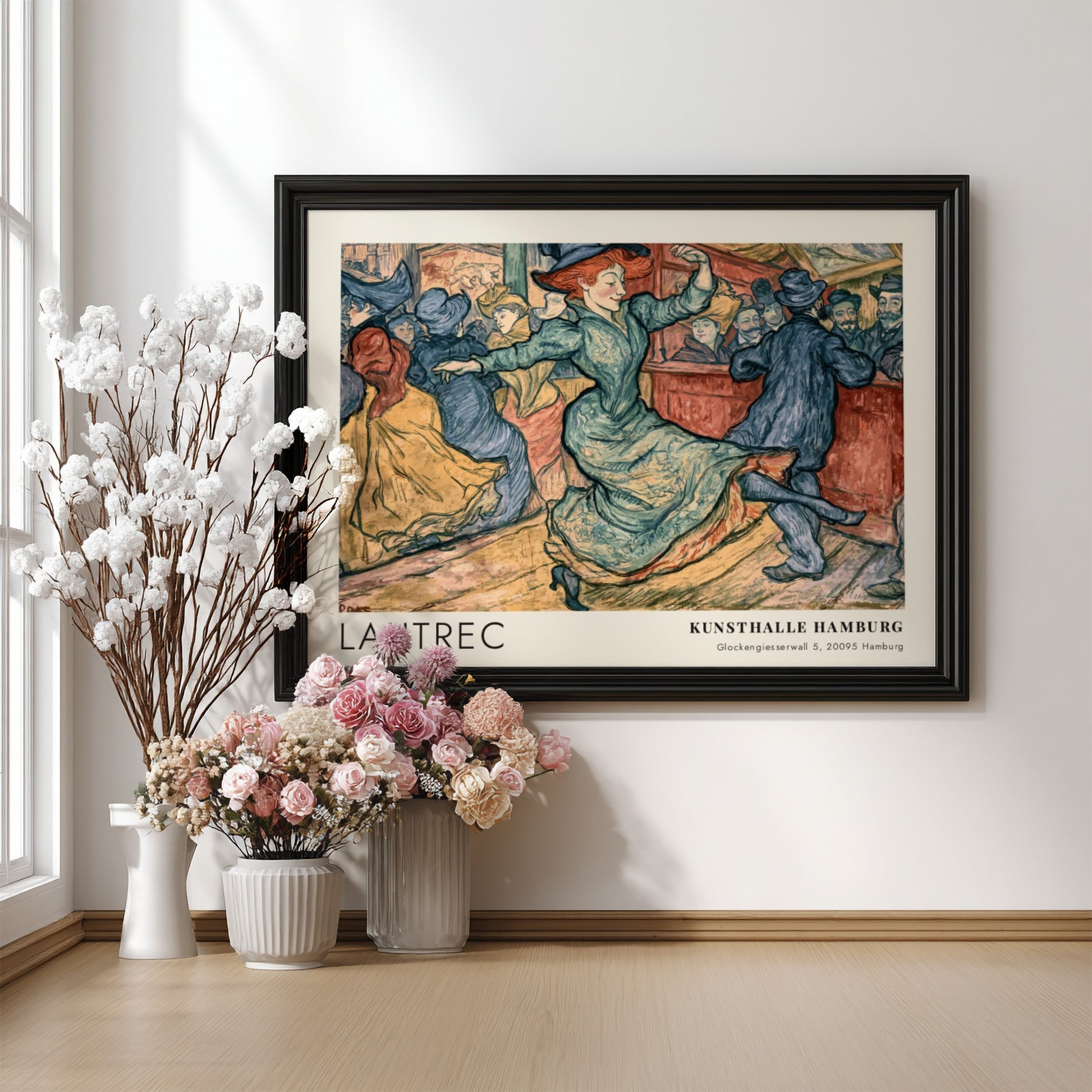 Wall art poster of Toulouse-Lautrec dance scene in blue and ochre exhibition style