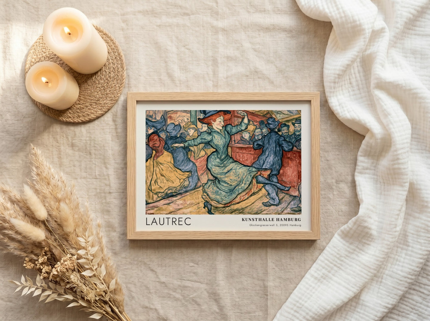 Wall art poster of Toulouse-Lautrec dance scene in blue and ochre exhibition style