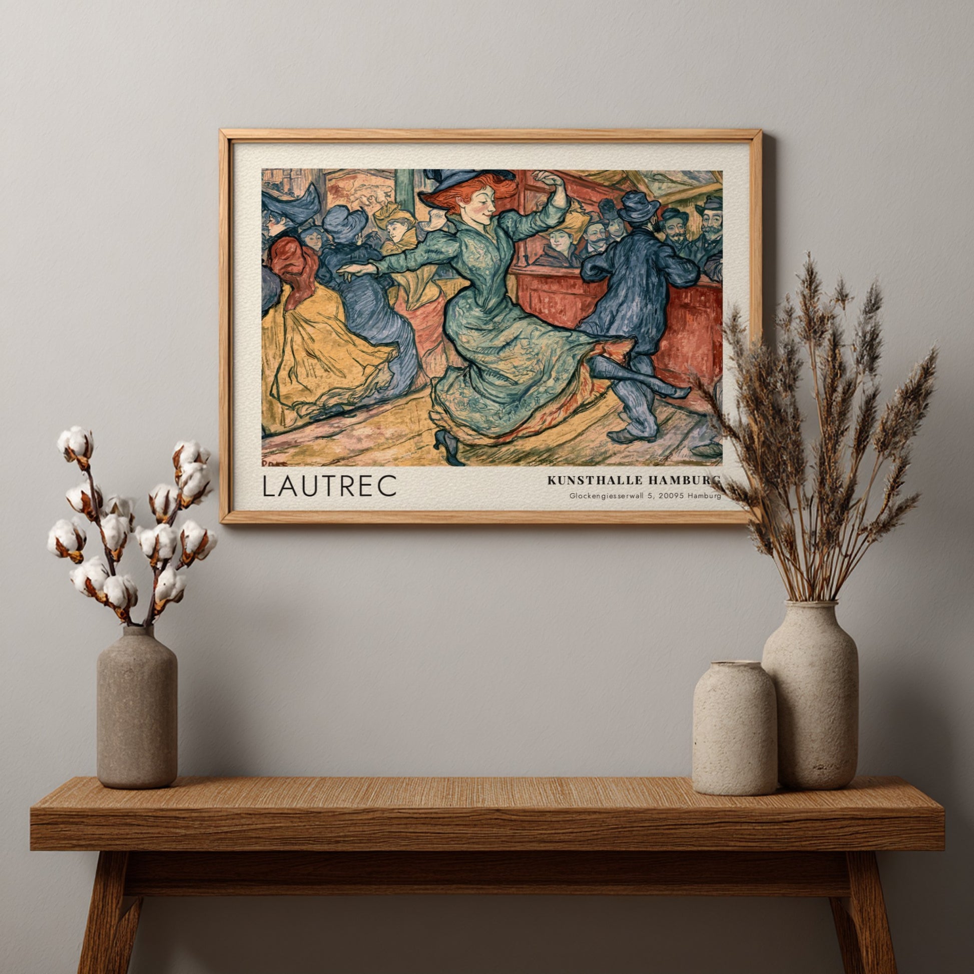 Wall art poster of Toulouse-Lautrec dance scene in blue and ochre exhibition style
