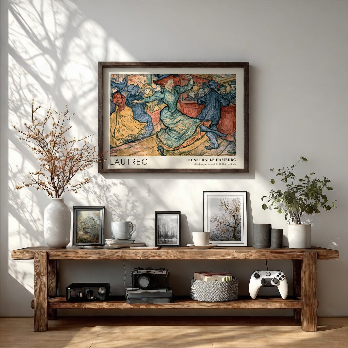 Wall art poster of Toulouse-Lautrec dance scene in blue and ochre exhibition style