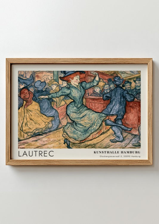 Wall art poster of Toulouse-Lautrec dance scene in blue and ochre exhibition style