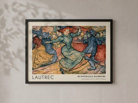 Wall art poster of Toulouse-Lautrec dance scene in blue and ochre exhibition style