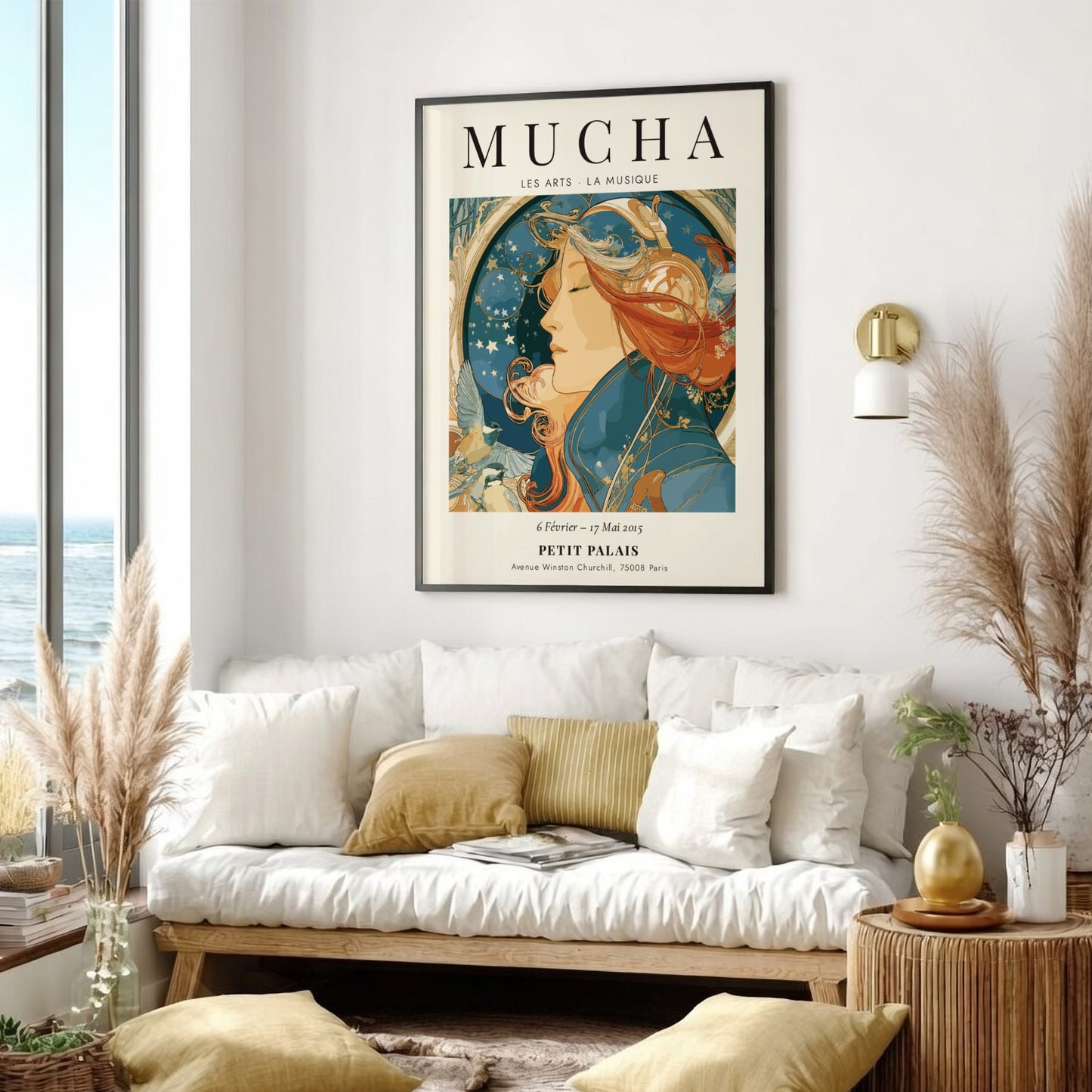 Les Arts - La Musique poster featuring Alphonse Mucha's Art Nouveau style with rich colors and musical motifs