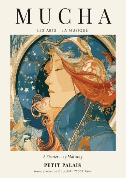Les Arts - La Musique poster featuring Alphonse Mucha's Art Nouveau style with rich colors and musical motifs