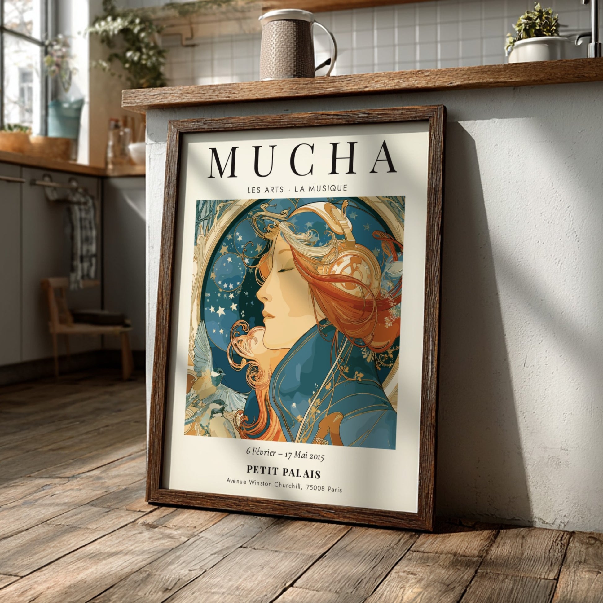 Les Arts - La Musique poster featuring Alphonse Mucha's Art Nouveau style with rich colors and musical motifs