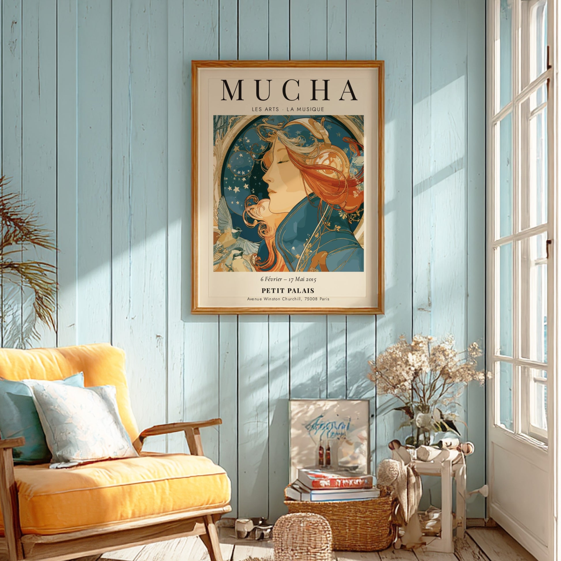 Les Arts - La Musique poster featuring Alphonse Mucha's Art Nouveau style with rich colors and musical motifs
