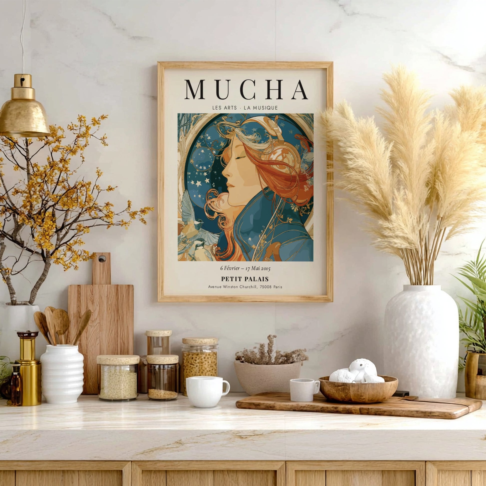 Les Arts - La Musique poster featuring Alphonse Mucha's Art Nouveau style with rich colors and musical motifs