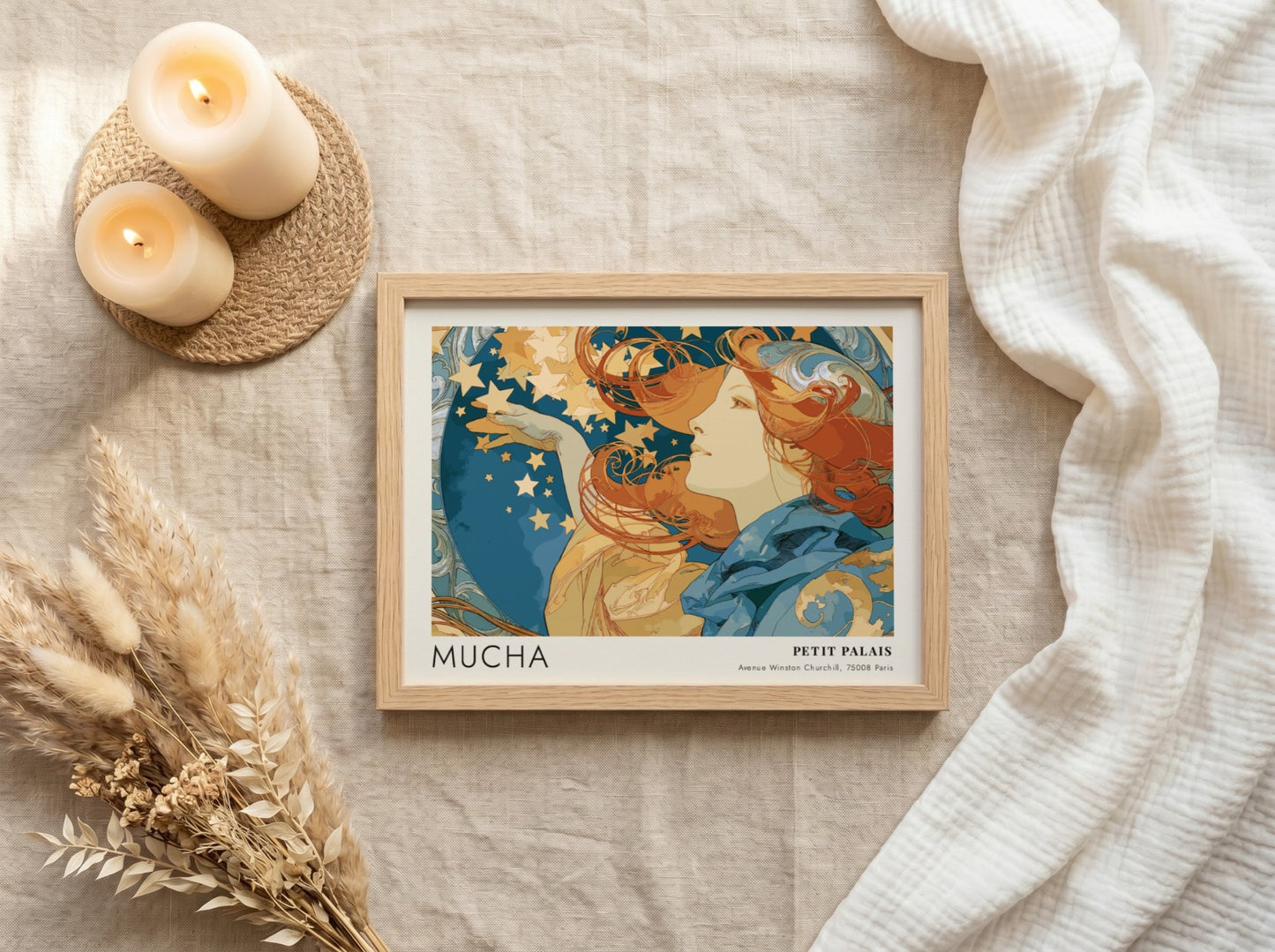 Wall art poster featuring Alphonse Mucha Petit Palais design with golden stars and figure