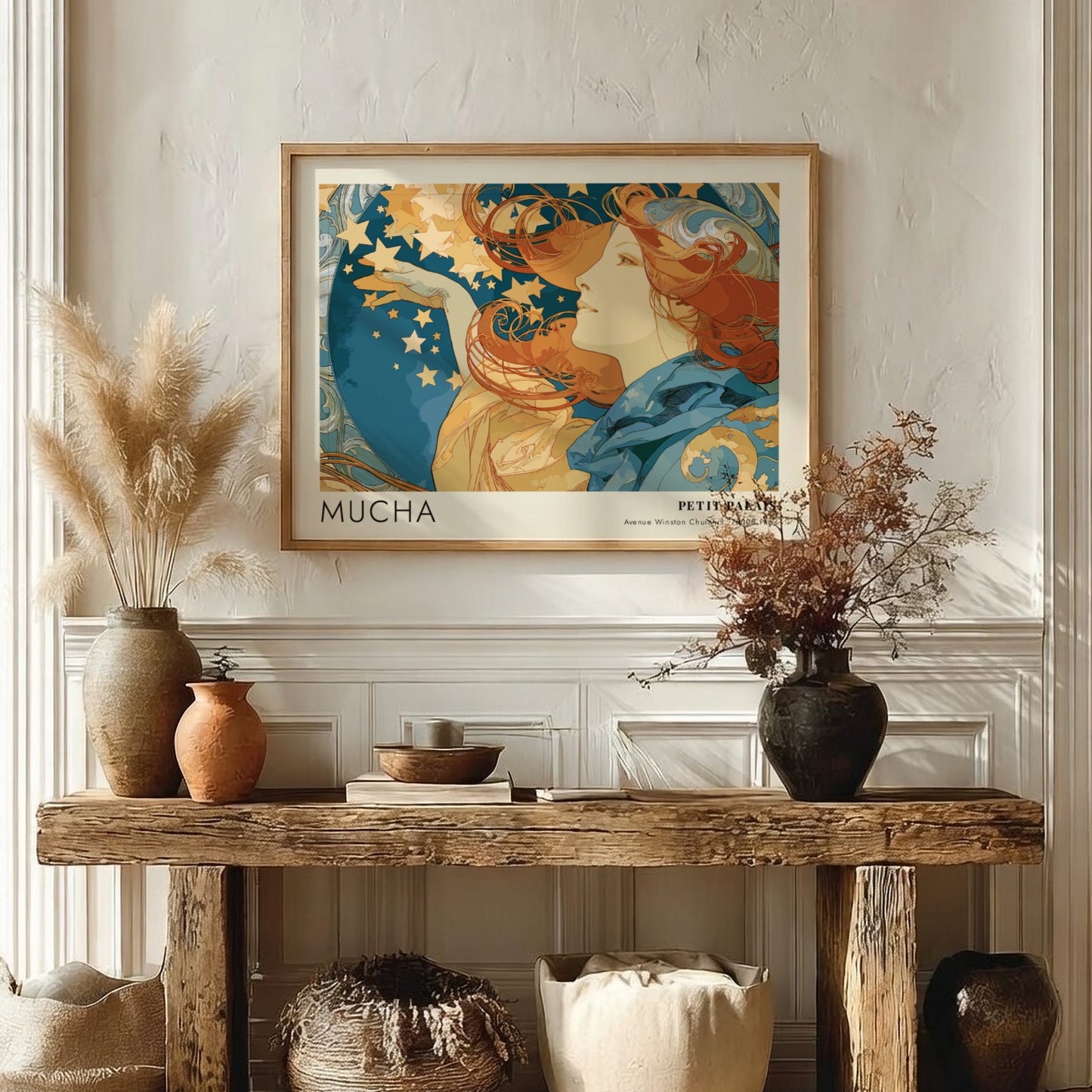 Wall art poster featuring Alphonse Mucha Petit Palais design with golden stars and figure