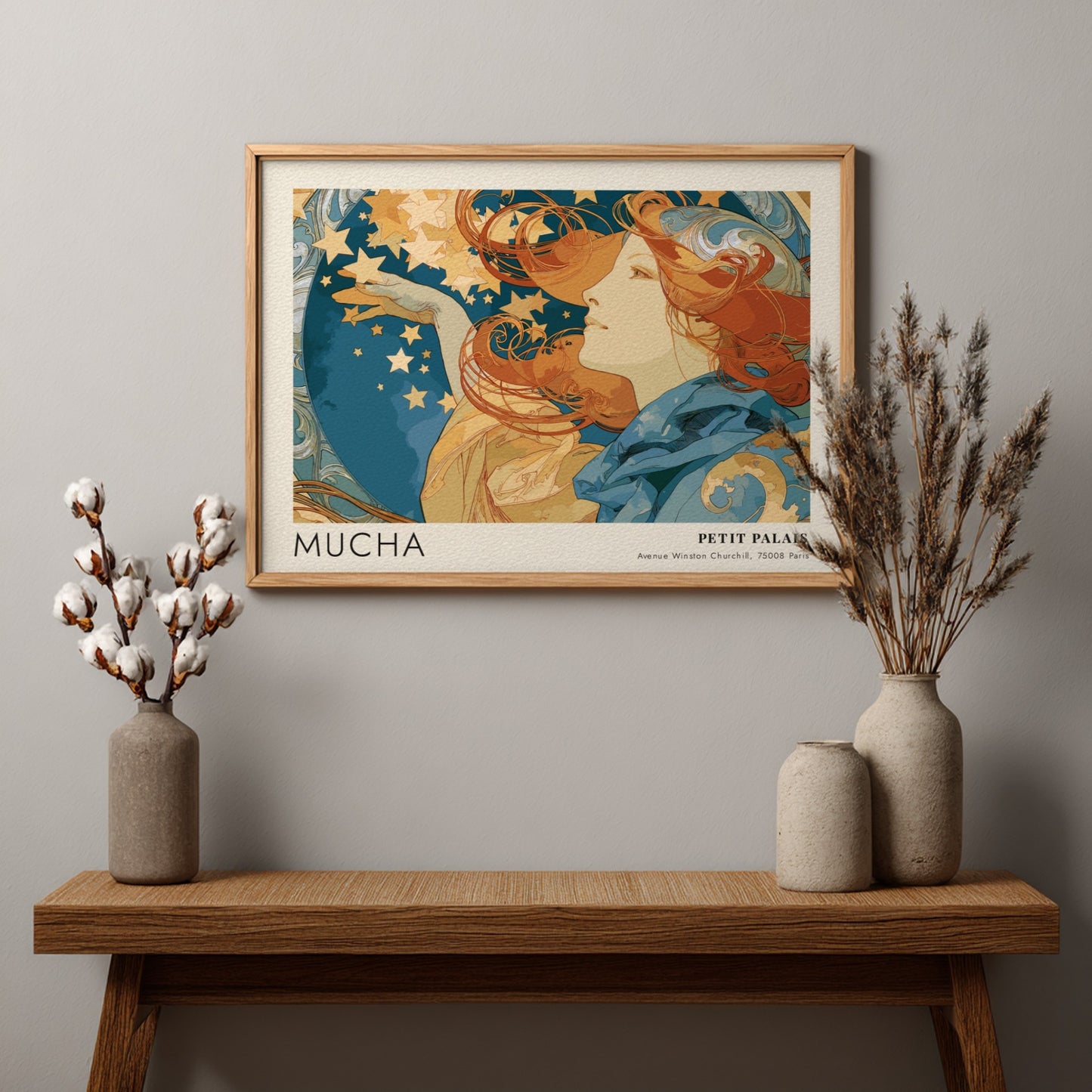 Wall art poster featuring Alphonse Mucha Petit Palais design with golden stars and figure