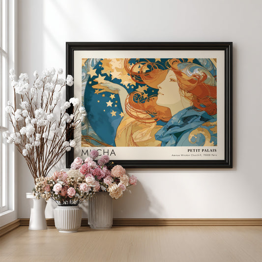 Wall art poster featuring Alphonse Mucha Petit Palais design with golden stars and figure