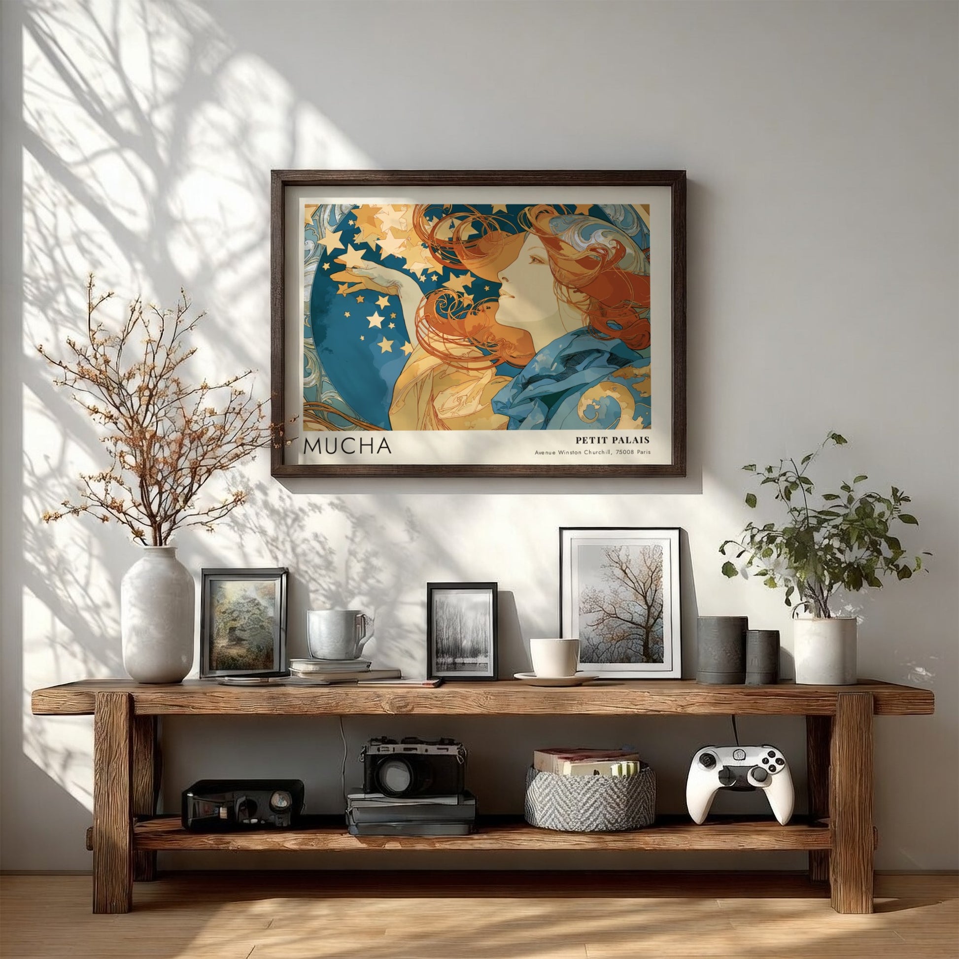 Wall art poster featuring Alphonse Mucha Petit Palais design with golden stars and figure