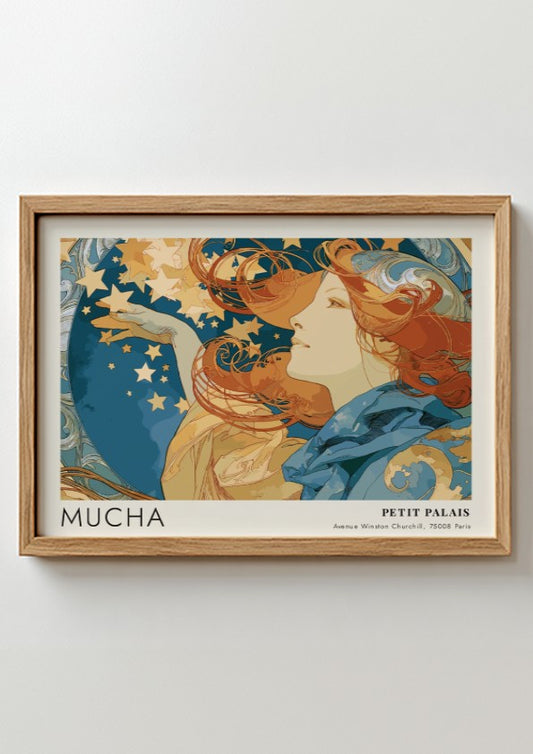 Wall art poster featuring Alphonse Mucha Petit Palais design with golden stars and figure