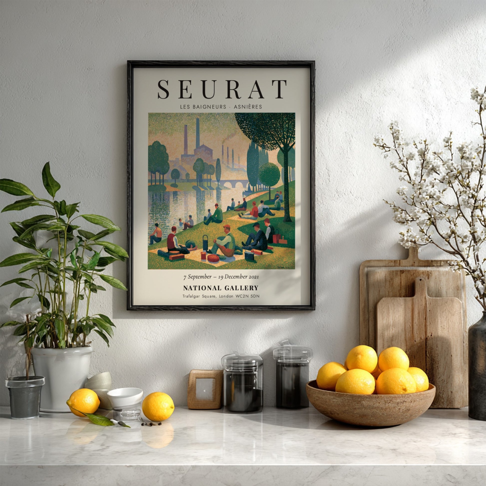Seurat exhibition poster featuring Les Baigneurs - Asnières with serene riverside scene and soft colors