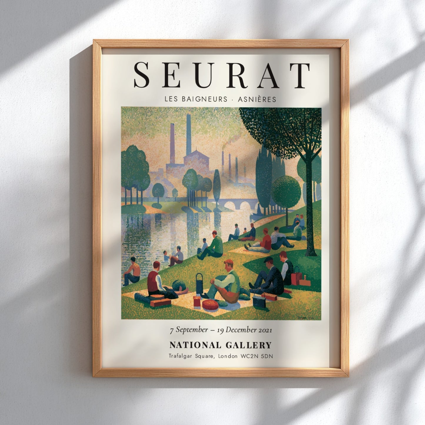 Seurat exhibition poster featuring Les Baigneurs - Asnières with serene riverside scene and soft colors