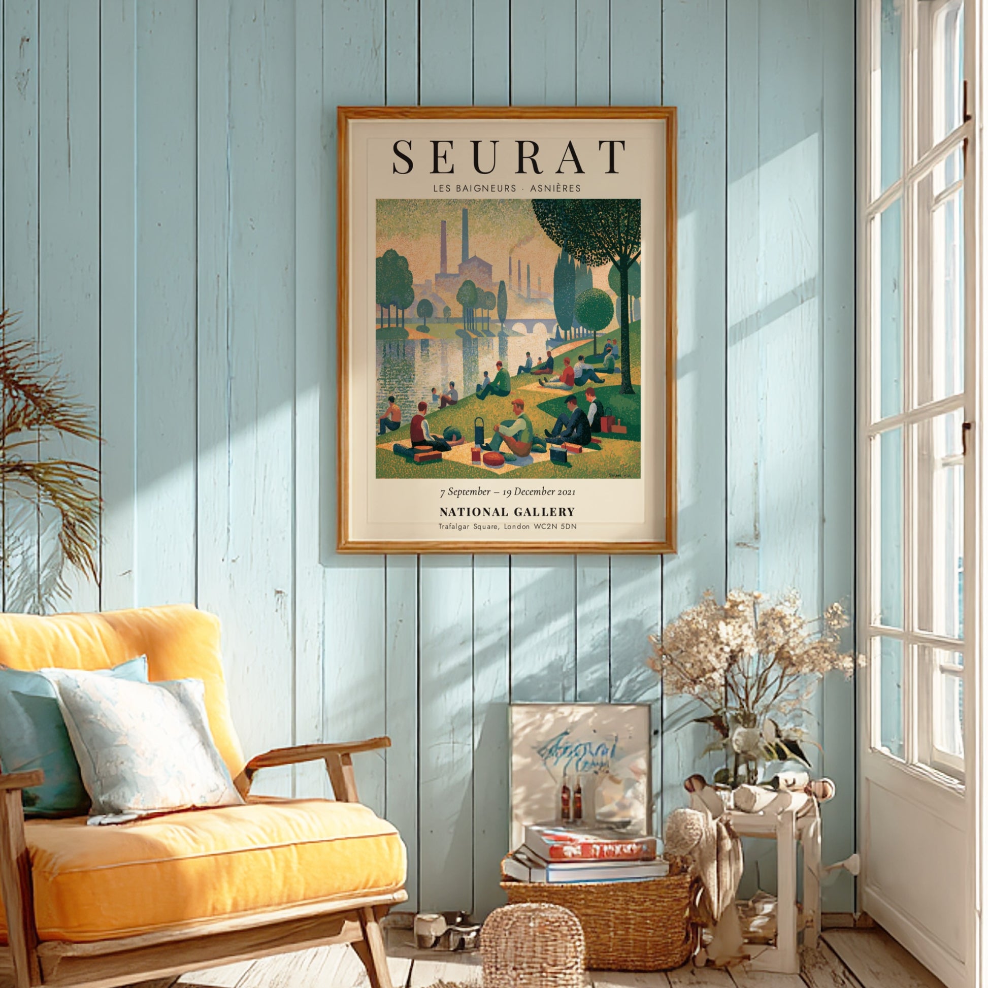 Seurat exhibition poster featuring Les Baigneurs - Asnières with serene riverside scene and soft colors