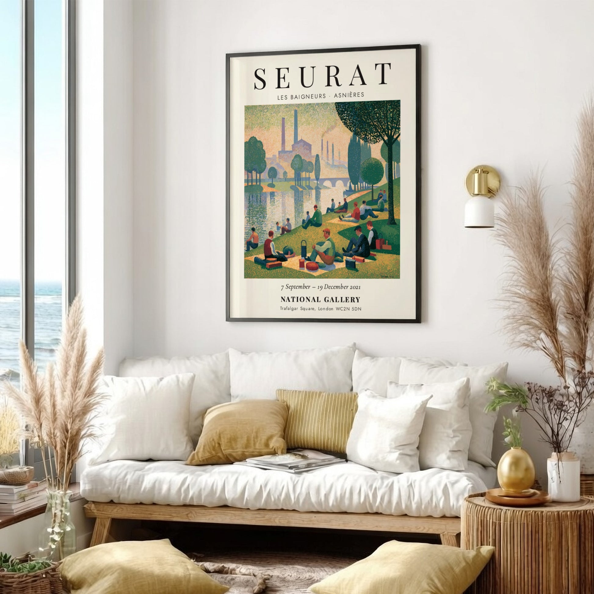 Seurat exhibition poster featuring Les Baigneurs - Asnières with serene riverside scene and soft colors