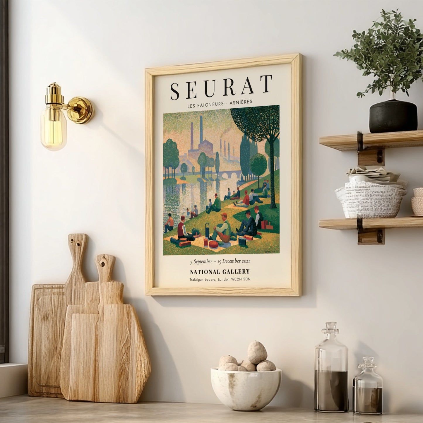 Seurat exhibition poster featuring Les Baigneurs - Asnières with serene riverside scene and soft colors